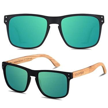 Imagem de ANDWOOD Óculos de sol masculinos polarizados com proteção UV armação de madeira óculos de sol femininos quadrados de madeira, Preto fosco e madeira de carvalho | Lente espelhada verde polarizada