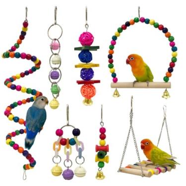 Imagem de Conjunto de 7 peças de brinquedos para pássaros, papagaios coloridos, escadas de escalada, poleiro de madeira, brinquedos para mastigar pássaros pequenos, periquitos, canários, calopsitas