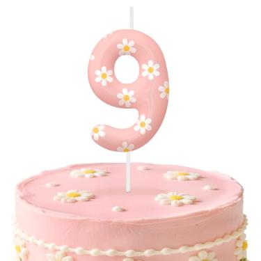 Imagem de Velas de aniversário rosa número 9, enfeite de bolo com tema de margarida para meninos e meninas, decorações de aniversário, suprimentos de festa, velas numéricas para decoração de festa