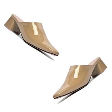 Imagem de MOOMMO Sapatos femininos de salto grosso, bico fechado, bico quadrado, sem costas, salto médio, casual, para escritório, 34-44, Bege envernizado, 38