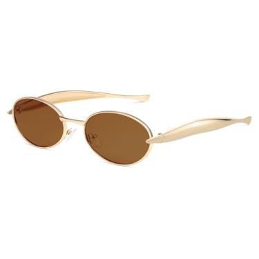 Imagem de VANLINKER Óculos de sol ovais pequenos dourados retrô para mulheres e homens modernos óculos escuros de metal dos anos 90 VL9885, C7 - dourado/marrom, M