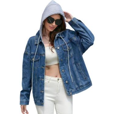Imagem de Jaqueta Jean Muundim feminina Plus Size com capuz azul jeans