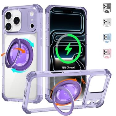 Imagem de WPCase Capa transparente para iPhone 17 Pro Max com suporte [compatível com MagSafe], capa resistente de grau militar com suporte magnético giratório 360 para mulheres e homens, roxo transparente