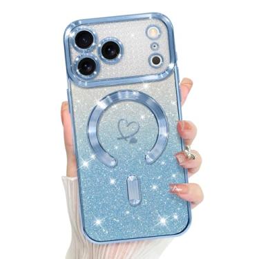 Imagem de Bonoma Capa compatível com iPhone 17 Pro Max 2025 com suporte para MagSafe, capa magnética com glitter coração chapeado TPU proteção da câmera capa traseira para capa de telefone - azul