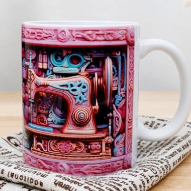 Imagem de Tzdxfgl Caneca de máquina de costura 3D de 325 ml, caneca pintada de costura 3D criativa, copo de cerâmica branca com design espacial 3D, copo de máquina de costura multiuso para amantes de colchas
