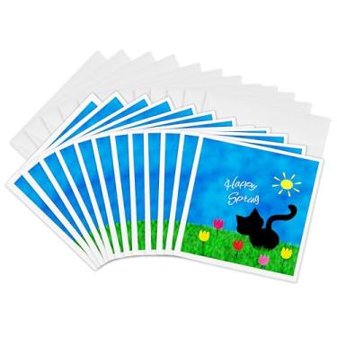 Imagem de 3dRose Cute Black Kitty Cat Tulipas coloridas Happy Spring - Cartões comemorativos, 15 x 15 cm, conjunto de 12 (gc_180749_2)