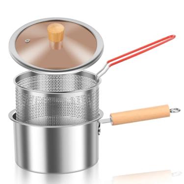 Imagem de Panela de fritadeira com cesta, panela de fritar portátil com tampa, fritadeira pequena de gordura profunda, frigideira de aço inoxidável com alça, fritadeira a óleo para fritar peixe, camarão, frango
