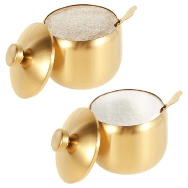 Imagem de 2 recipientes de açúcar com tampa e colher, açucareiro de aço inoxidável dourado de 411 g, pequeno recipiente de açúcar para barra de café, suporte de cubo de açúcar em forma de tambor, potes de