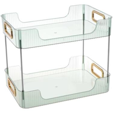 Imagem de ZFLYCANP Bancada organizadora de banheiro de plástico, armazenamento de maquiagem de grande capacidade, prateleira de armazenamento de banheiro com economia de espaço, fácil acesso para casa (verde)