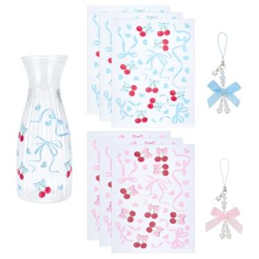 Imagem de WADORN 6 peças de adesivos de acrílico para animais de estimação, 2 peças de alça de design de laço rosa azul para garrafa de água Owala copos de vidro à prova d'água, decalques de laço de cereja