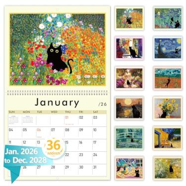Imagem de GuassLee Calendário de parede Cat 2026-2028, calendário de parede vertical 2026, calendário artístico suspenso de 36 meses, janeiro de 2026 a dezembro de 2028, agenda mensal de 35,5 x 58,4 cm com