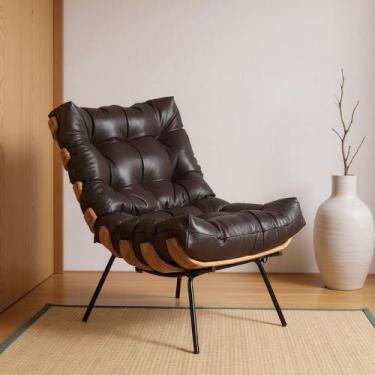 Imagem de Poltrona Sala de Estar Decorativa Base Ferro Costela Couro Marrom G34 