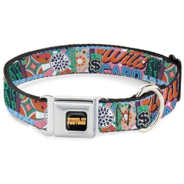 Imagem de Coleira para animais de estimação Sony Pictures, fivela de cinto de segurança de metal, logotipo da roda da fortuna e colagem de cartão selvagem multicolorida, 33 a 43 cm de largura