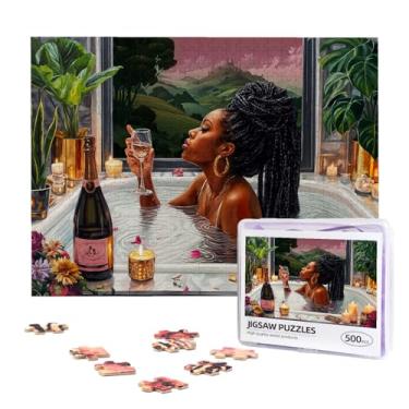 Imagem de 500 Piece Wooden Jigsaw Puzzle for Adults - Black Woman Self Care & Relaxation, Enjoying Bath Time with Wine, African American Art for Mindfulness, Self Love Gift for Her