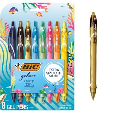 Imagem de BIC Canetas de gel Gelocity de secagem rápida com tema oceânico, ponta média (0,7 mm), conjunto de canetas de gel de 8 unidades, canetas de gel coloridas para anotações e diário