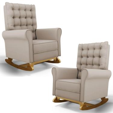 Imagem de Kit 02 Poltronas de Amamentação Base Madeira Balanço Brenda G05 Veludo Bege - Mpozenato