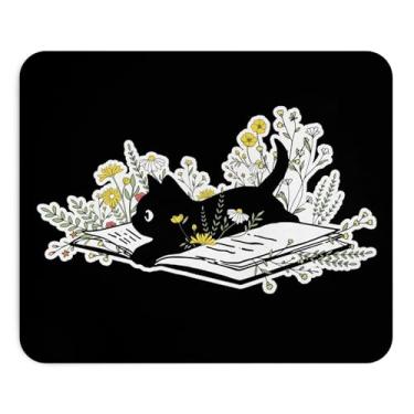 Imagem de Mousepad Gato Preto Lendo Livro com Flores Bonito Estético Acessório de Mesa Ilustração Botânica Exclusivo Estilo Literário Artístico Computador Mouse Pad Novidade Gaming Mouse Mat Decoração de