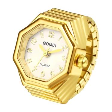 Imagem de JewelryWe Relógio de dedo masculino feminino – pulseira elástica elástica octógono mostrador quartzo analógico novidade anel relógios para Halloween, Dourado