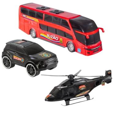 Imagem de Kit 1 Mini Buzão Ônibus 1 Helicóptero 1 Carrinho Polícia Brinquedo Infantil Criança