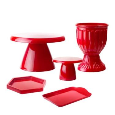 Imagem de Kit Mesa Decorada com Boleira Cogumelo e Acessórios – Vaso, Bandeja e Mini Peças (Vermelho)