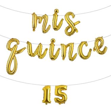 Imagem de Conjunto de 15 balões Mis Marmelo, tema de coroa de aniversário de 15 anos, decoração de festa para decorações de festa de aniversário de quinze anos (L MIS QUINCE 15 dourado)