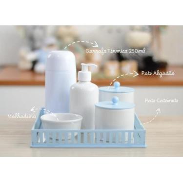 Imagem de Kit Higiene Infantil Bebê Cuidados Maternidade Potes Porcelana Azul Po