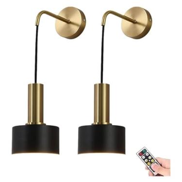 Imagem de Conjunto de 2 arandelas de parede LED operadas por bateria, luminária de parede moderna sem fio com controle remoto e lâmpada LED, luminária de cobre ajustável e regulável para quartos inter