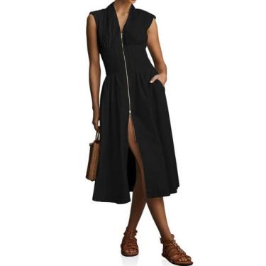 Imagem de Vestido de verão Wenrine com decote em V, manga alta, fenda alta, pret