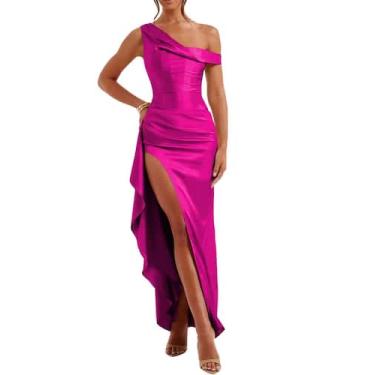 Imagem de Vestido de convidado de casamento Alphirkut Satin Off Shoulder Fuchsia