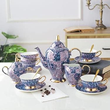 Imagem de Conjunto de 15 peças de chá da tarde conjunto de café floral osso China serviço de chá de casamento inclui 1 bule de chá, 1 açucareiro, jarro de leite, 6 xícaras e pires, rosa (rosa) (azul) (azul)
