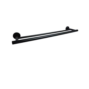 Imagem de Acessórios de banheiro toalheiro prateleira preto fosco anel de toalha suporte de parede suporte de escova de vaso sanitário gancho de casaco, 2 peças de suporte de papel (barra de toalha dupla)
