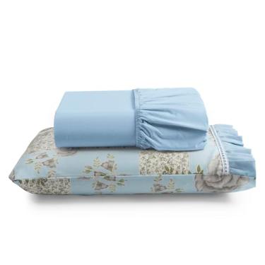 Imagem de Jogo Cama Lençol Fiore Solteiro Estampado 180 Fios 100% Algodão com Babadinho 2 Peças Azul Floral