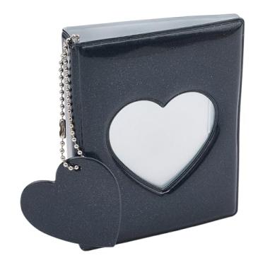 Imagem de CREATCABIN Pequeno álbum de fotos de couro para fichário de cartão de foto suporte de cartão de foto livro suporte de identidade com pingentes de coração preto bolsos de plástico mangas para cartão de