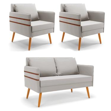 Imagem de Kit 01 Namoradeira 02 Lugares e 02 Poltronas Mari Veludo Cinza Pés Palito Castanho - D'Rossi