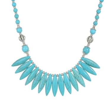 Imagem de Jules D. Colar de declaração turquesa feito à mão para mulheres, design de contas com detalhes prateados, estilo boêmio, joia ocidental inspirada em tribal, Large, contas turquesa, Sem Pedra Preciosa
