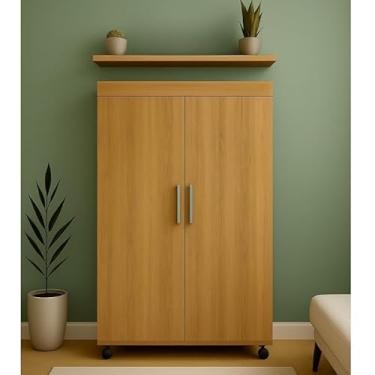 Imagem de Armário Multiuso Slim 2 Portas com Rodízios | Armário Compacto de MDP com 3 Prateleiras para Lavanderia, Quarto e Escritório (FREIJÓ)