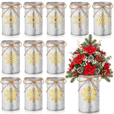 Imagem de Domensi 12 peças de mesa de Natal, centro de mesa, flocos de neve, vasos de metal galvanizado, para flores, potes dourados, suporte de utensílios para decoração de inverno, Natal, cozinha, casa