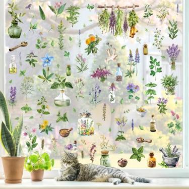 Imagem de Adesivos de janela de ervas aquarela planta janela adesivos vintage ervas médicas adesivos de parede plantas botânicas adesivo descascar e colar adesivos de ervas medicinais flores de jardim adesivos
