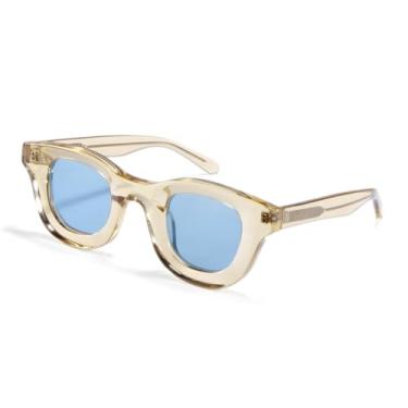 Imagem de HCHES Óculos de sol vintage de acetato, feito à mão, masculino, UV400, feminino, redondo, robusto, armação ousada, masculino (amarelo, azul)