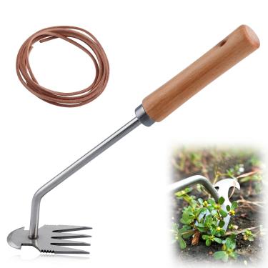 Imagem de Ferramenta de remoção de ervas daninhas manual, extrator de ervas daninhas, artefato de jardim, arrancamento multifuncional, extrator de ervas daninhas com cabo de madeira, corda de couro bovino