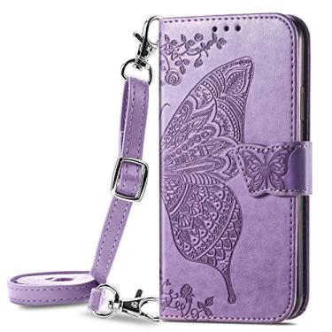 Imagem de ONV Capa tipo carteira compatível com Google Pixel 7 Pro - Bolsa tiracolo longa de couro em relevo borboleta com compartimento magnético para cartão + capa TPU para Google Pixel 7 Pro [HZD] - Roxo