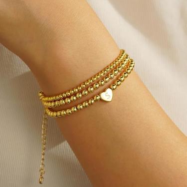 Imagem de Pulseiras femininas banhadas a ouro 14K em camadas – pingente de coração elástico A-Z delicadas, hipoalergênicas à prova d'água, joias personalizadas para presentes de aniversário 15 cm, 7, Latão, Sem