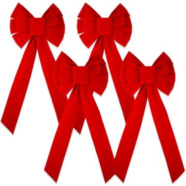 Imagem de 4 peças grandes laços de veludo de Natal 89 x 45 cm, decoração de árvore de Natal, grande laço de veludo, grinalda de Natal, enfeites de férias para casa, interior, exterior, porta, cerca, escadas