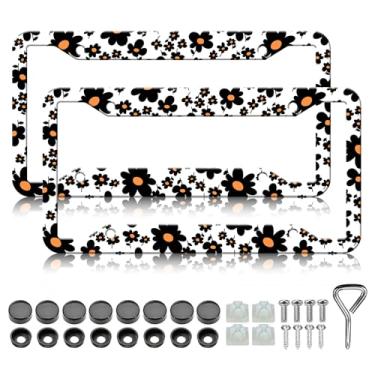 Imagem de Moldura de placa de licença de flor - 2 peças lindas flores pretas engraçadas alumínio metal suporte de placa de carro, à prova de ferrugem, à prova de ferrugem, molduras decorativas para carro