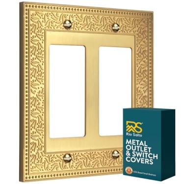 Imagem de Rio Salto Placa de parede de pérola botânica, capa de interruptor de luz de metal dourado, capas decorativas para tomadas de luz (ouro de latão escovado, 2 balancim 1PK)