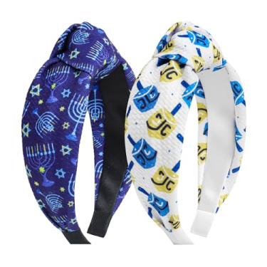 Imagem de YanJie 2 peças de faixa de cabeça Happy Hanukkah com nó para crianças Menorah Blue Headbands para meninas Chanukah Dreidel Head Band Ornamentos de festa roupas de Hanukkah