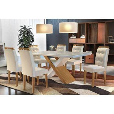 Imagem de Kit Mesa Tampo Vidro 180cm Canto Reto + 6 Cadeiras Imbuia Creme