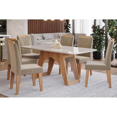 Imagem de Kit Mesa Carol C- Tampo Vidro 180cm + 6 Cadeiras Nature Off White Madeira