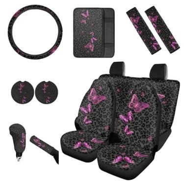 Imagem de gearider Conjunto completo de capas de assento de carro Butterfly com capa de volante, capa de cinto de segurança automotiva, porta-copos para console central, conjunto de capas de câmbio de marchas