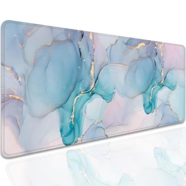 Imagem de Tapete de mouse de mármore azul ciano, tapete de mouse grande GG com bordas costuradas, base de borracha antiderrapante para escritório, PC, teclado, laptop e mesa de trabalho em casa (27,5 x 11,20 cm